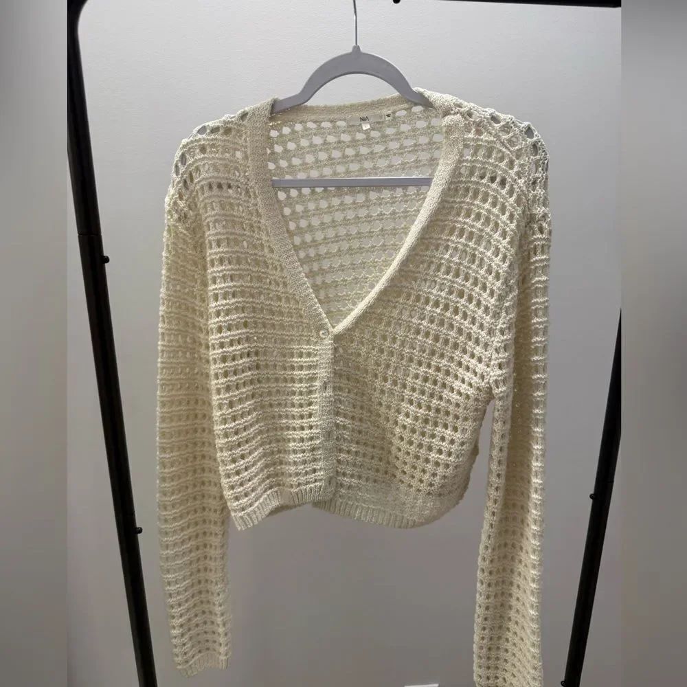 NIA Cream Crochet Knit Button Front Cardigan Sweater